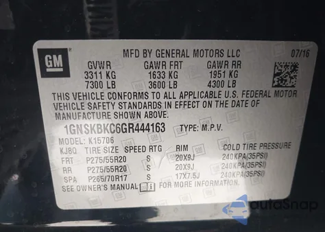 2016 Chevrolet Tahoe Lt z USA, uszkodzony, nr VIN 1GNSKBKC6GR444163